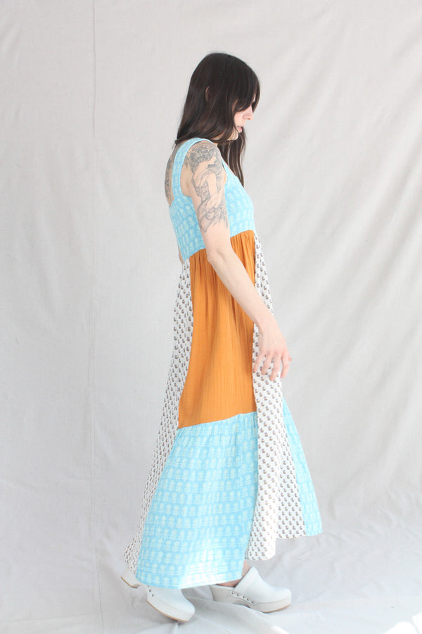 Priya Blockprint Maxi Dress Bluebell Lily Mix Patchwork