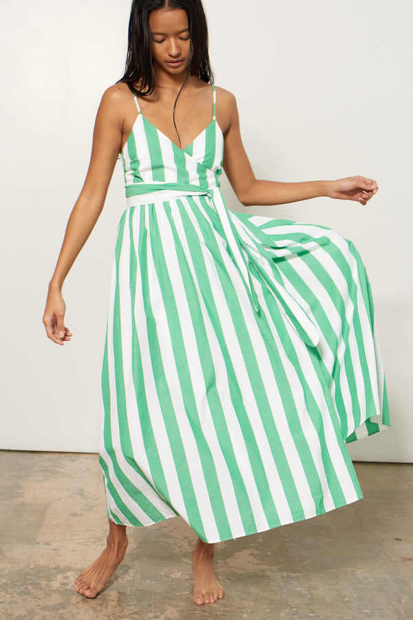 Alma Dress Green and White Stripe