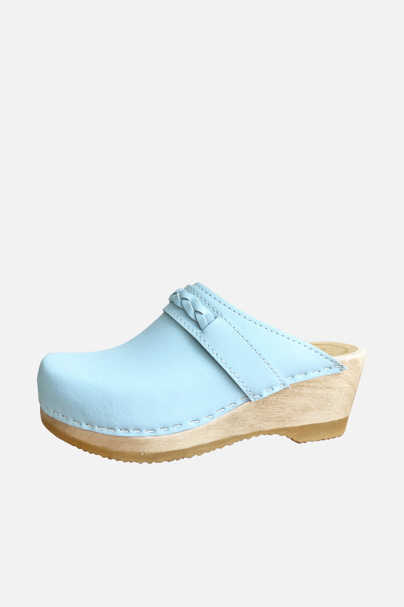 Bridget Clog on Mid Wedge Light Blue with Brown Base